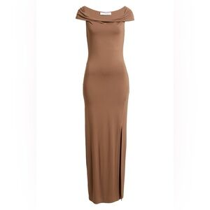 Rue Sophie Arlette Twist Off-Shoulder Brown Maxi Dress Gown